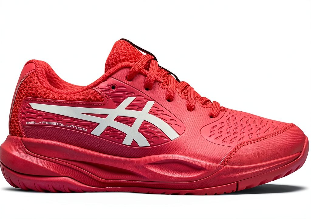Child wearing Asics racquet shoes on a tennis court