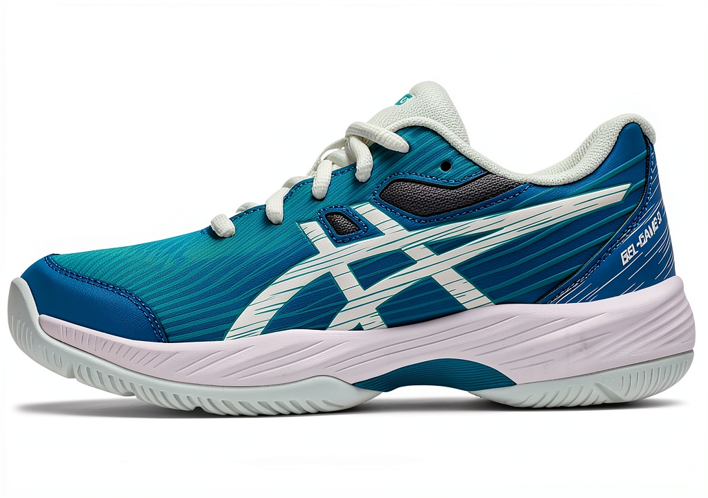 Young athlete wearing Asics teal racquet shoes on a tennis court